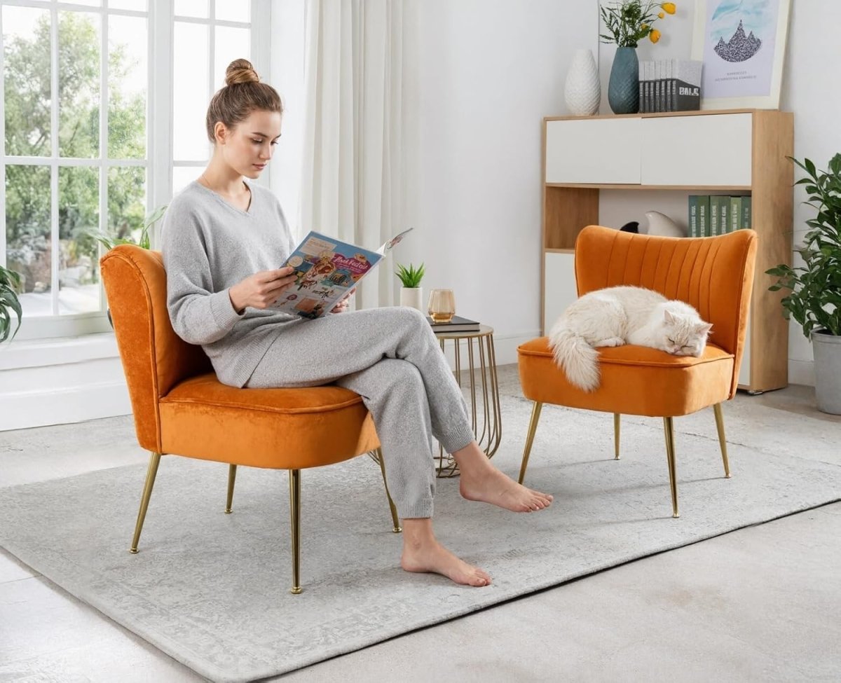 Orange Velvet Accent Chair Gold Metal Legs Lounge Tub Seat - Kwikley