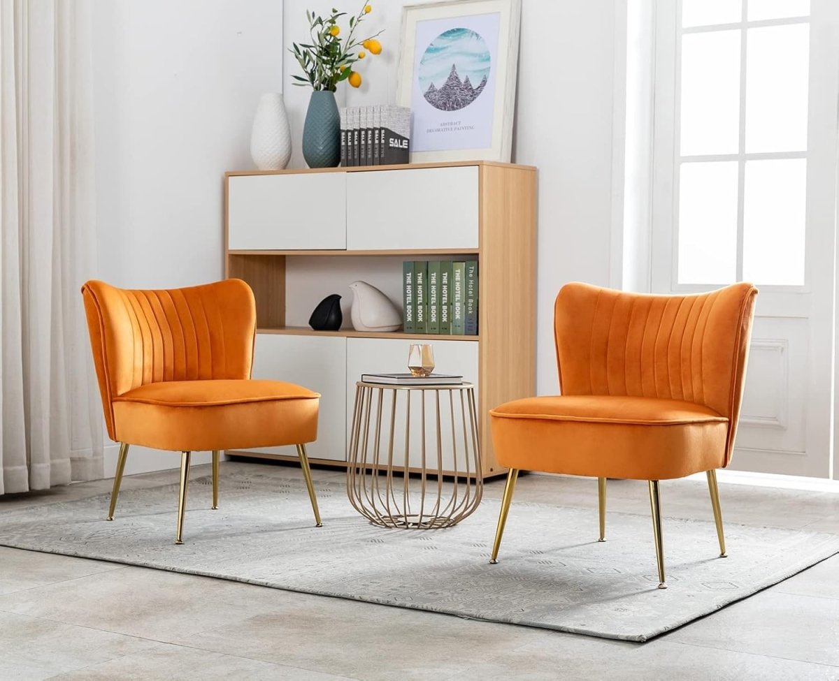 Orange Velvet Accent Chair Gold Metal Legs Lounge Tub Seat - Kwikley