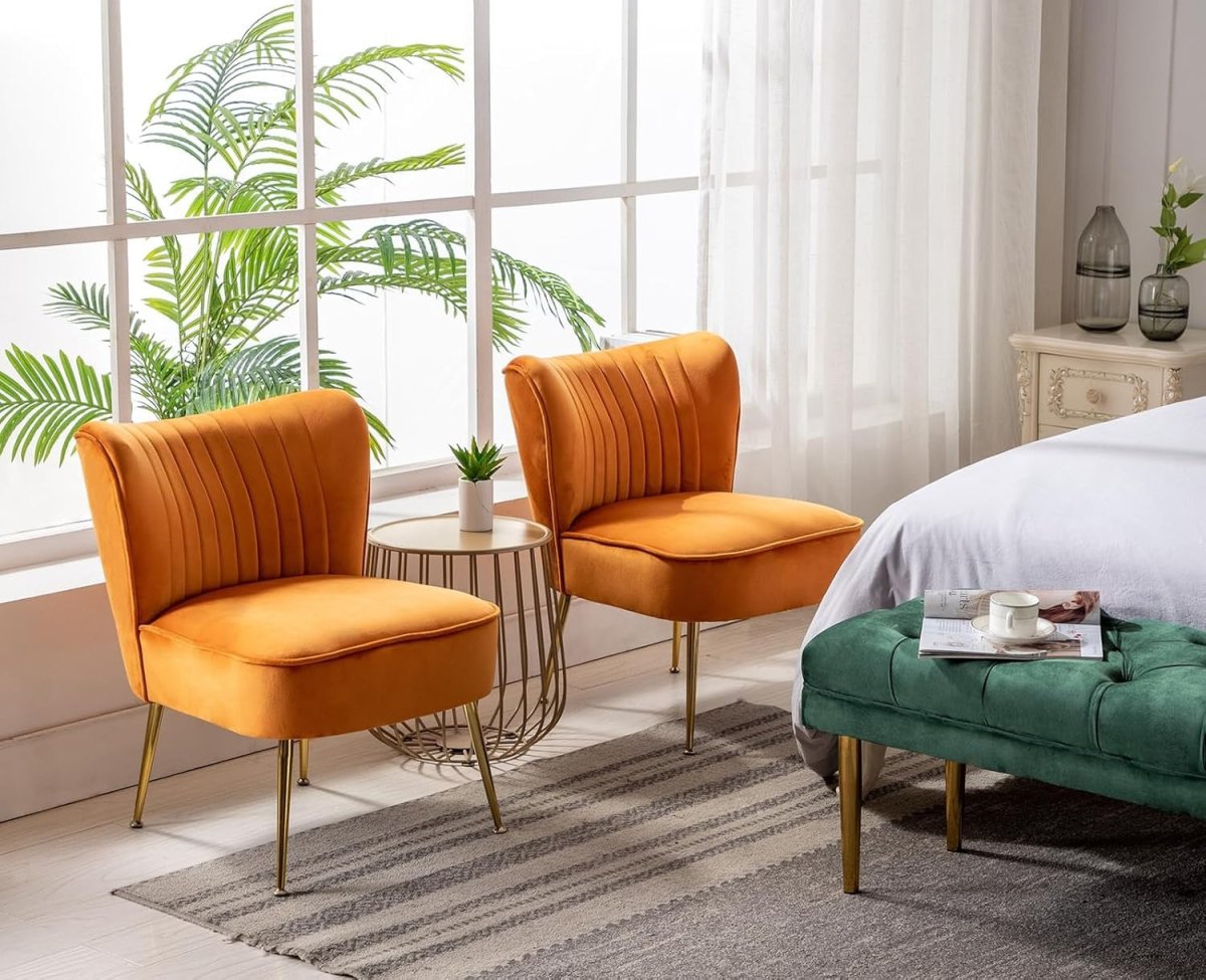 Orange Velvet Accent Chair Gold Metal Legs Lounge Tub Seat - Kwikley