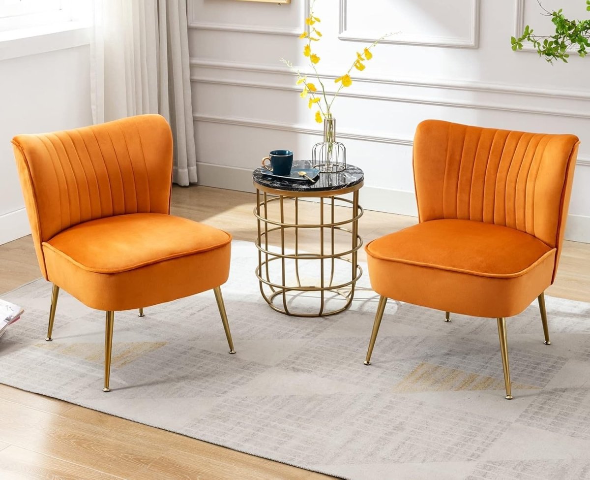 Orange Velvet Accent Chair Gold Metal Legs Lounge Tub Seat - Kwikley