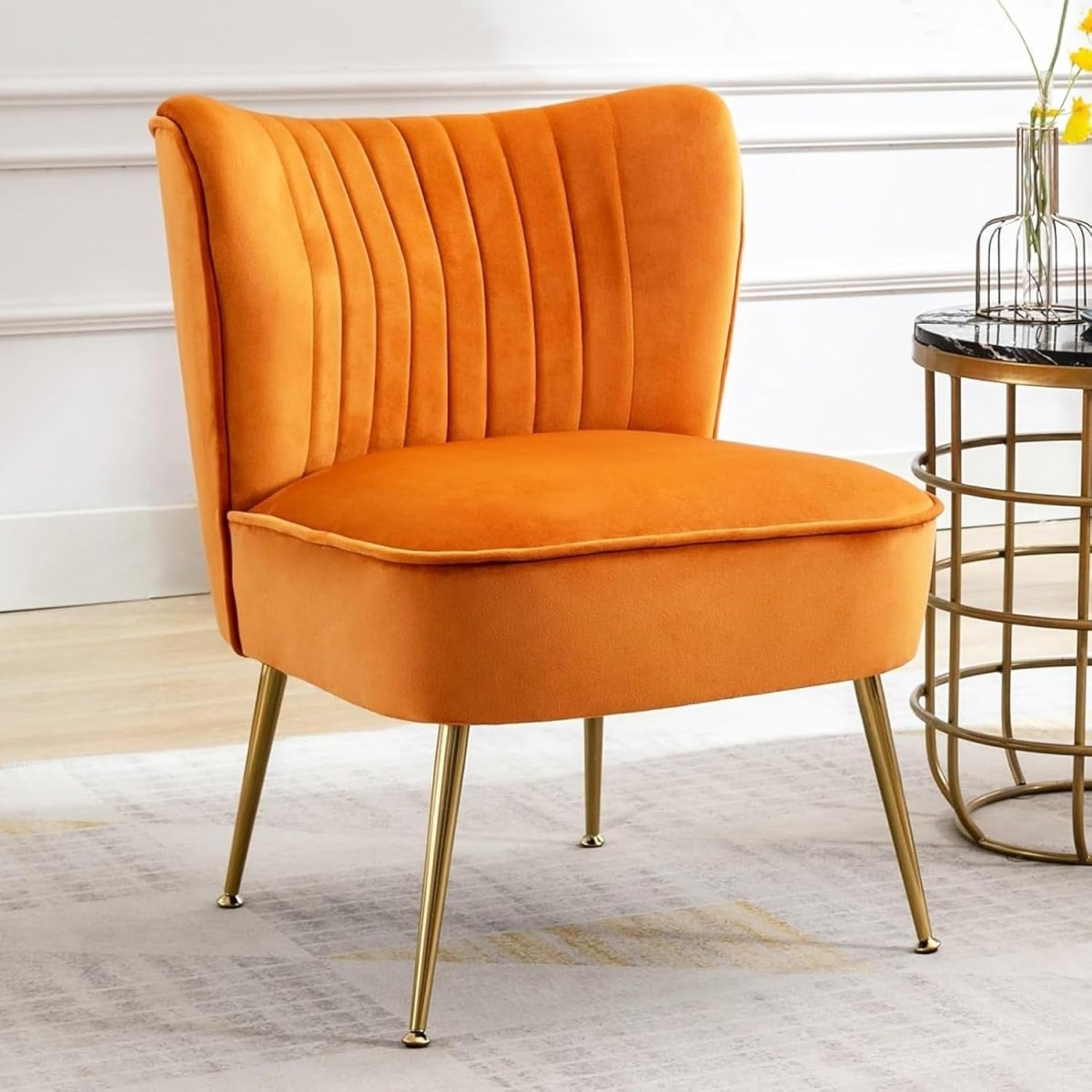 Orange Velvet Accent Chair Gold Metal Legs Lounge Tub Seat - Kwikley