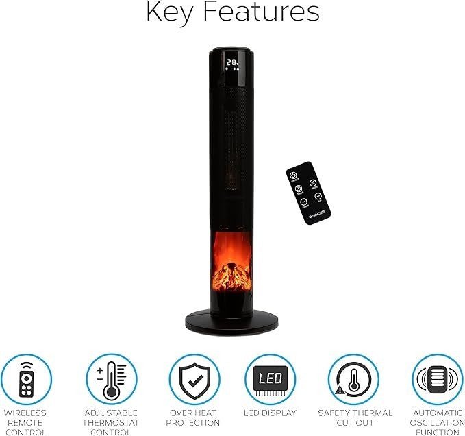 Oscillating Tower Fan Heater 2000W Ceramic Electric Fireplace with Remote & LCD - Kwikley