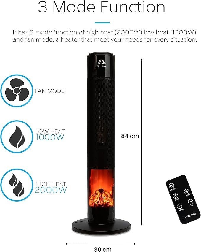 Oscillating Tower Fan Heater 2000W Ceramic Electric Fireplace with Remote & LCD - Kwikley