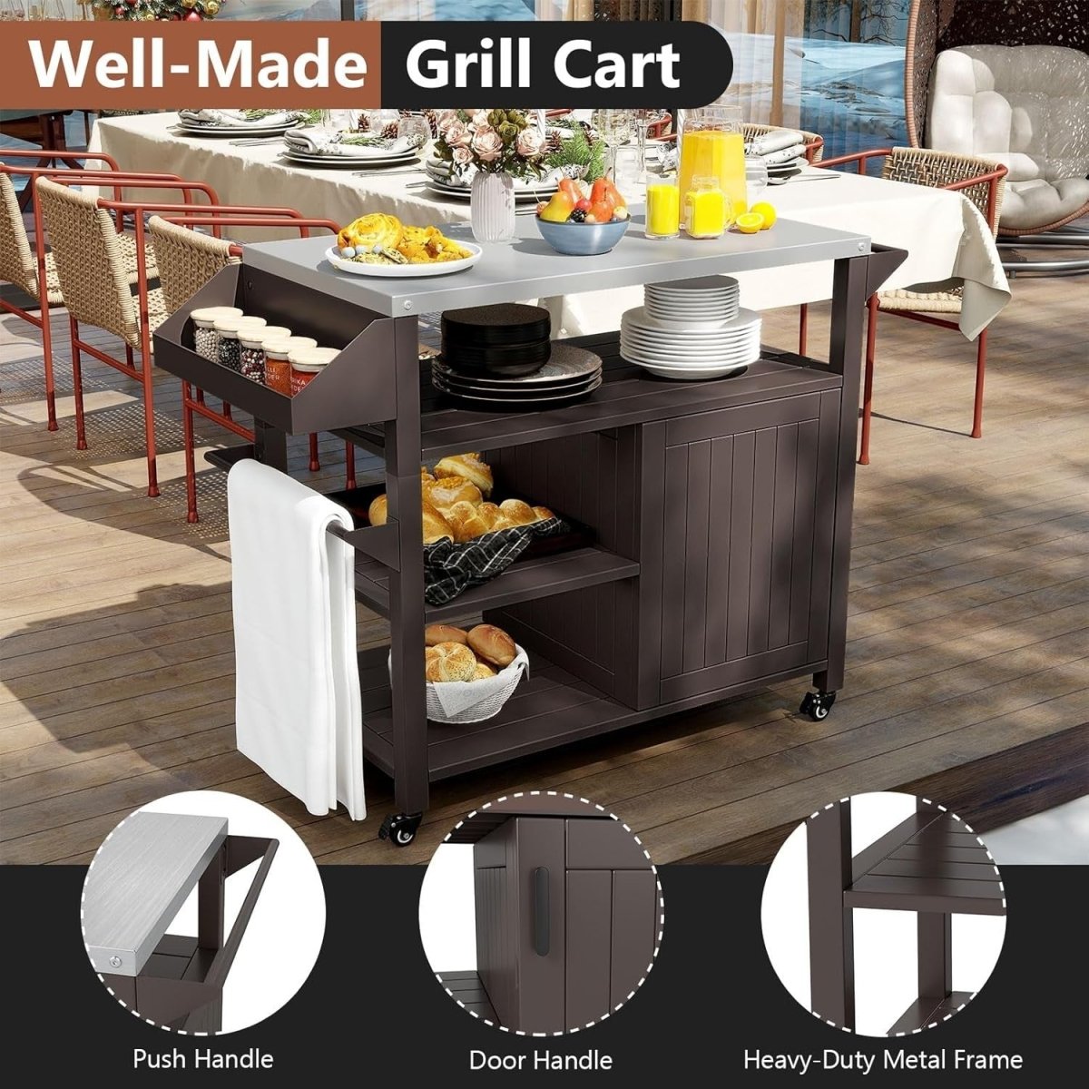 Outdoor BBQ Grill Cart with Stainless Steel Top, Storage & Lockable Wheels - Kwikley