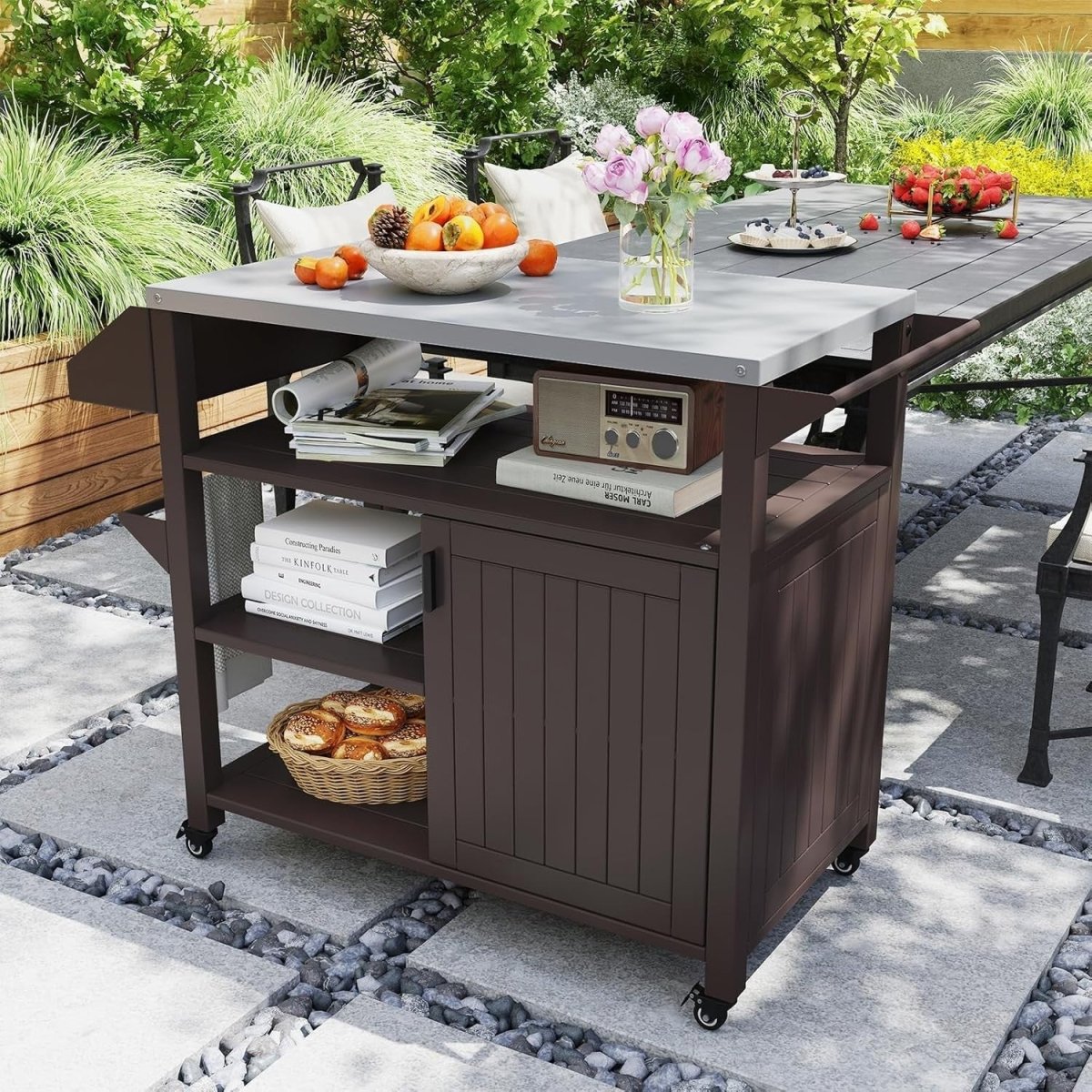 Outdoor BBQ Grill Cart with Stainless Steel Top, Storage & Lockable Wheels - Kwikley