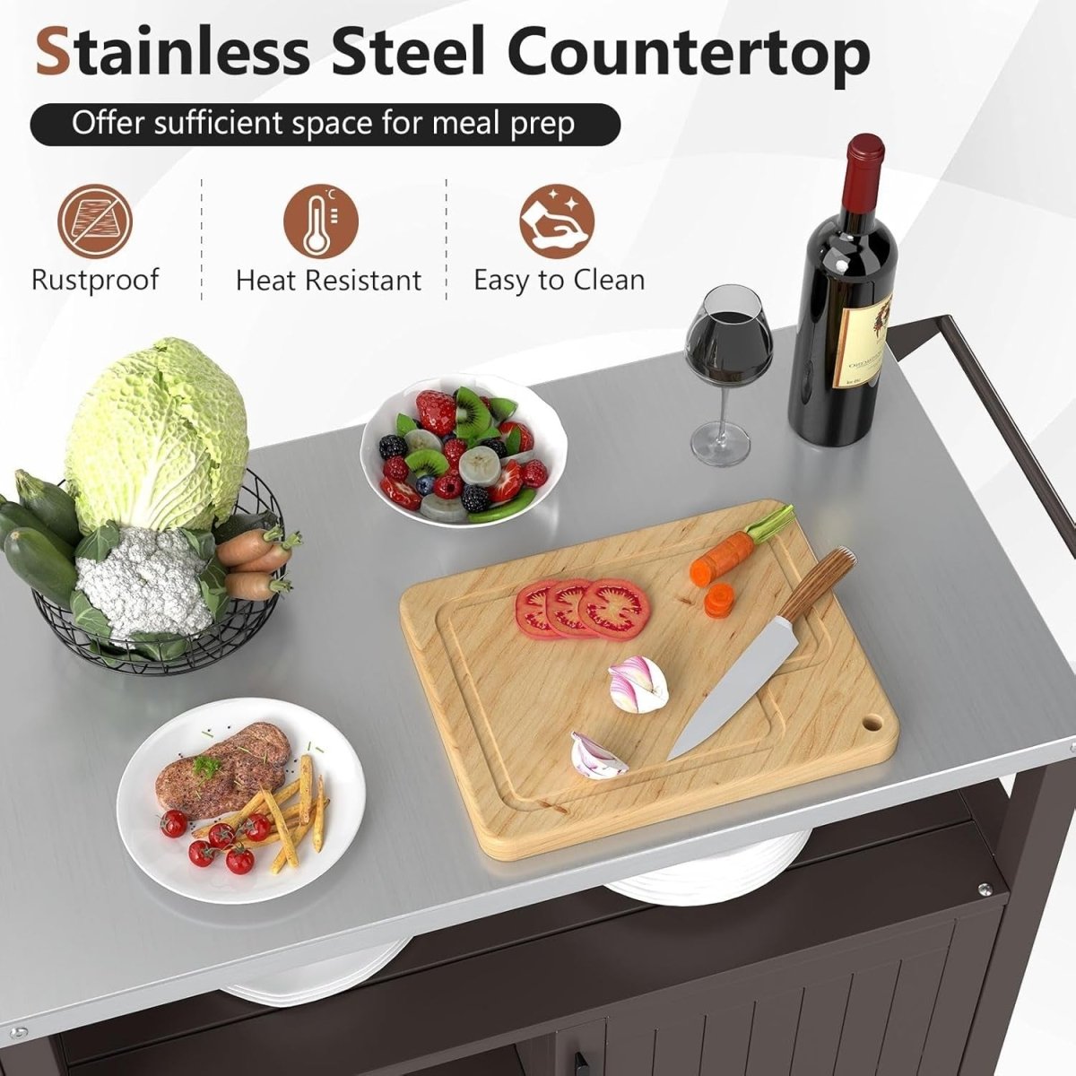 Outdoor BBQ Grill Cart with Stainless Steel Top, Storage & Lockable Wheels - Kwikley