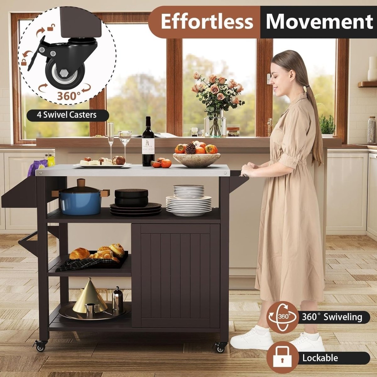 Outdoor BBQ Grill Cart with Stainless Steel Top, Storage & Lockable Wheels - Kwikley