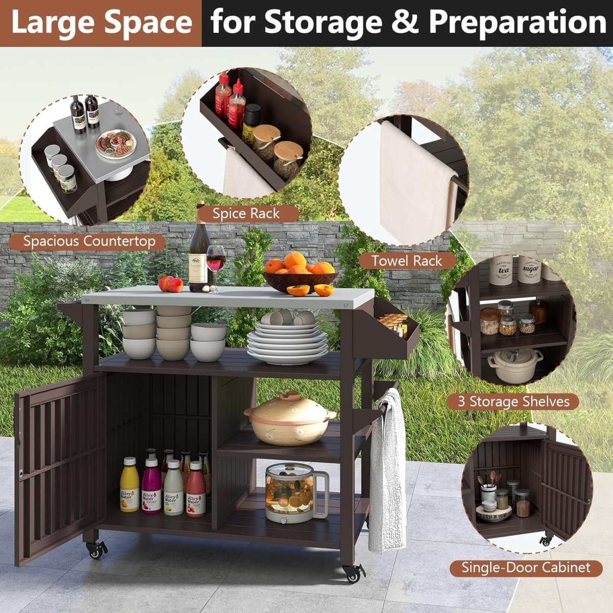 Outdoor BBQ Grill Cart with Stainless Steel Top, Storage & Lockable Wheels - Kwikley
