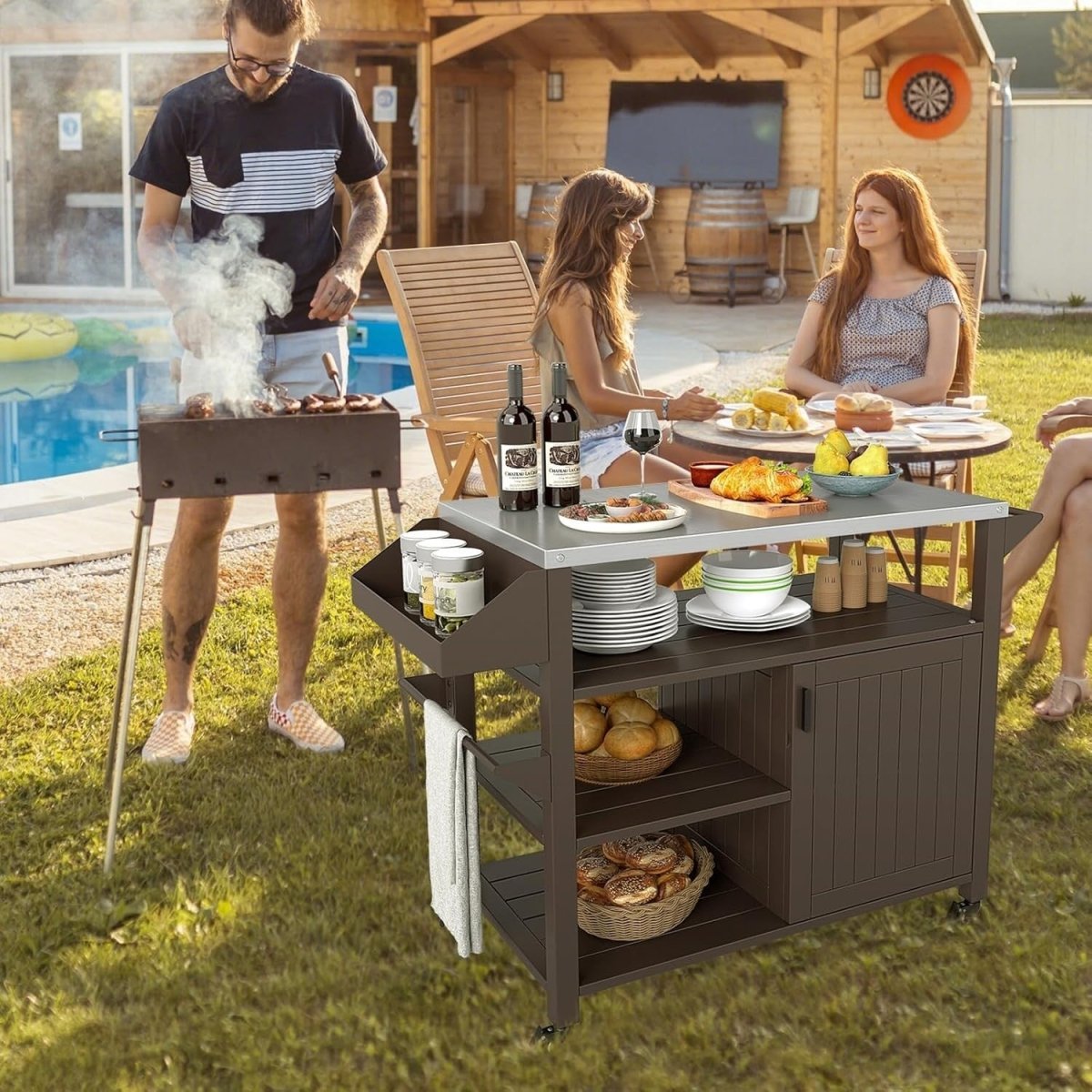 Outdoor BBQ Grill Cart with Stainless Steel Top, Storage & Lockable Wheels - Kwikley