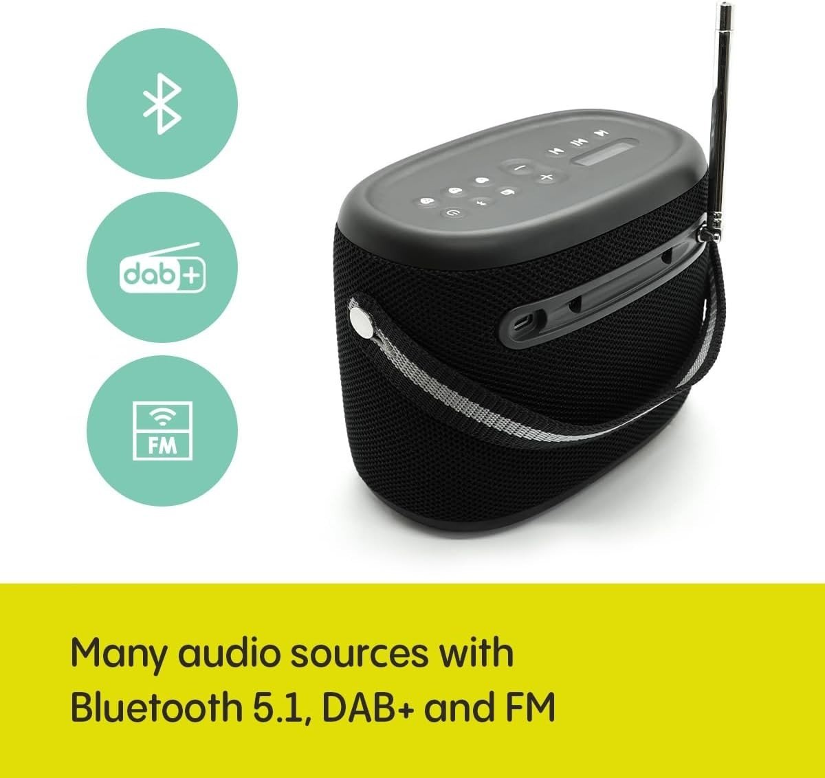 Outdoor Bluetooth Speaker DAB+/FM Waterproof IP67 14h Battery Black - Kwikley