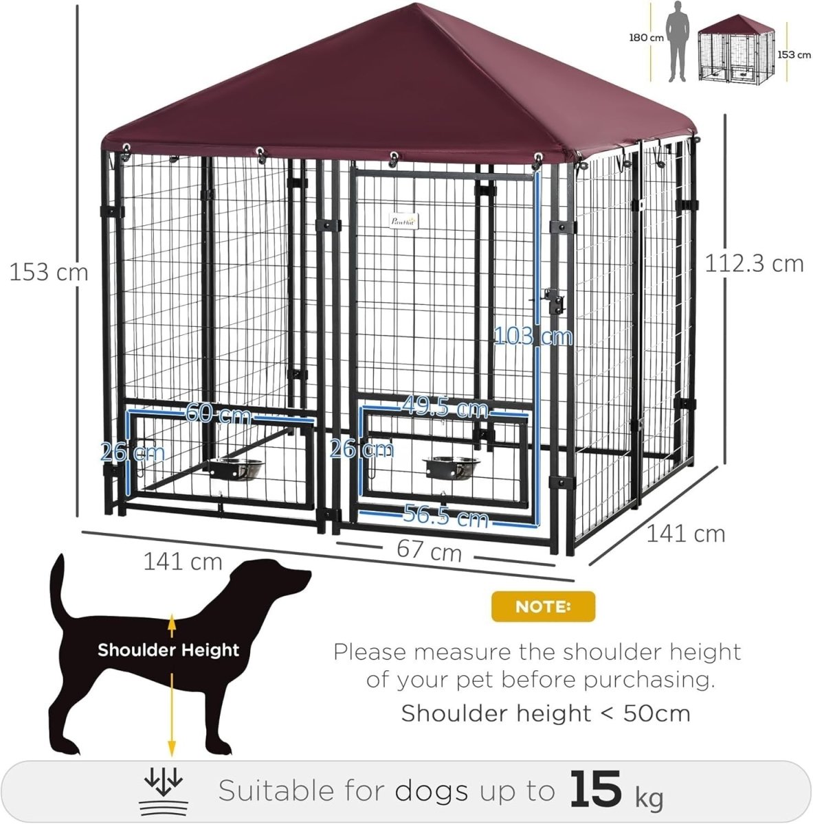 Outdoor Dog Kennel Run with Roof & Rotating Bowls, Lockable Steel Cage - Kwikley