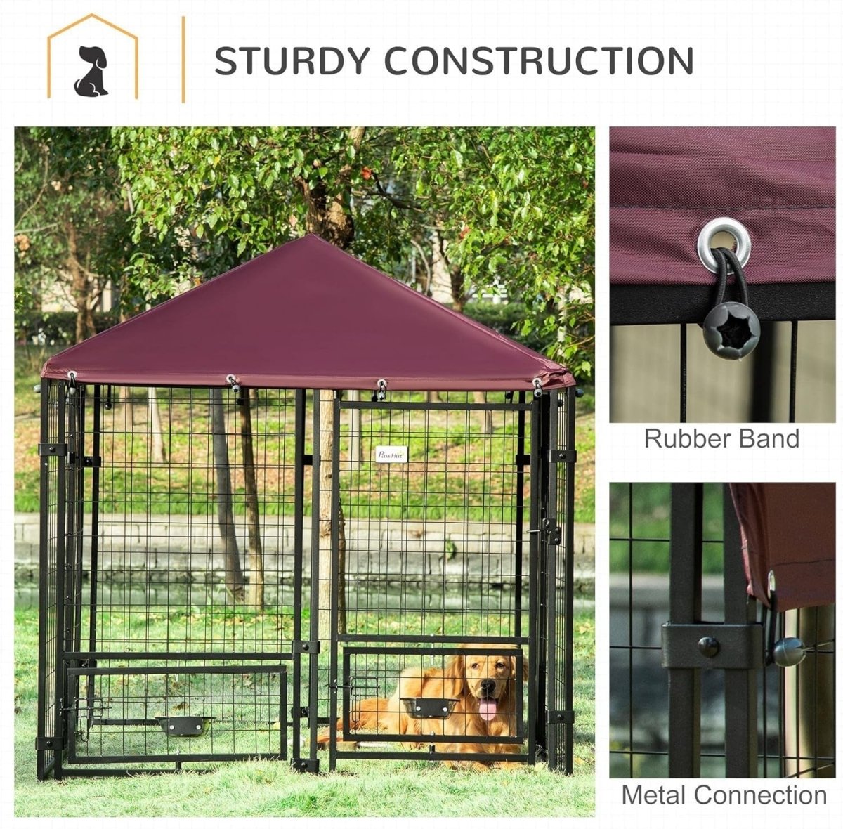 Outdoor Dog Kennel Run with Roof & Rotating Bowls, Lockable Steel Cage - Kwikley