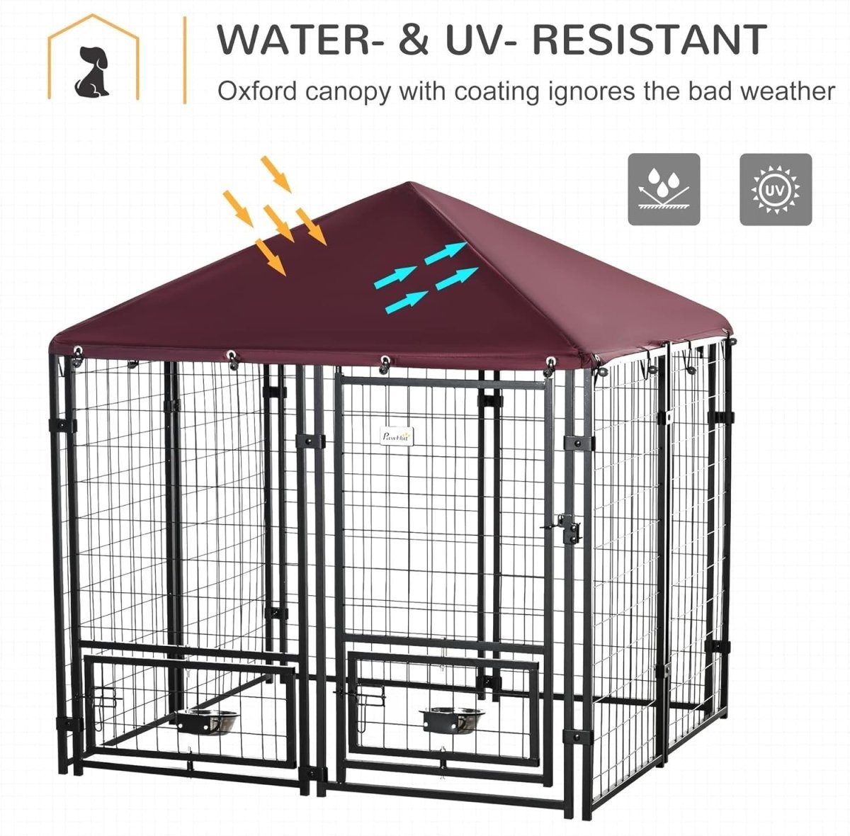 Outdoor Dog Kennel Run with Roof & Rotating Bowls, Lockable Steel Cage - Kwikley