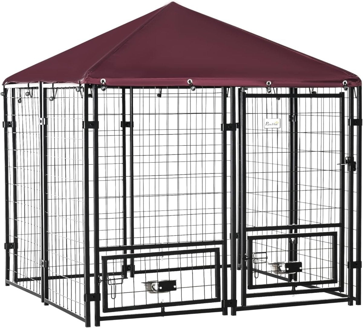 Outdoor Dog Kennel Run with Roof & Rotating Bowls, Lockable Steel Cage - Kwikley
