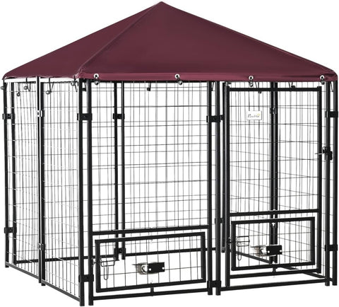 Outdoor Dog Kennel Run with Roof & Rotating Bowls, Lockable Steel Cage