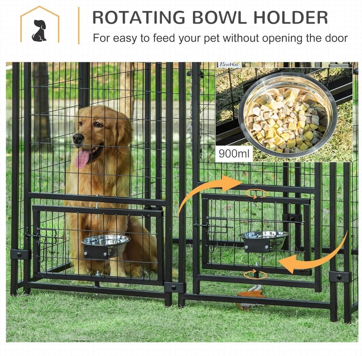 Outdoor Dog Kennel Run with Roof & Rotating Bowls, Lockable Steel Cage - Kwikley