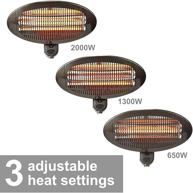 Outdoor Electric Patio Heater Wall Mounted 2000W Quartz 3 Heat Settings IP34 - Kwikley