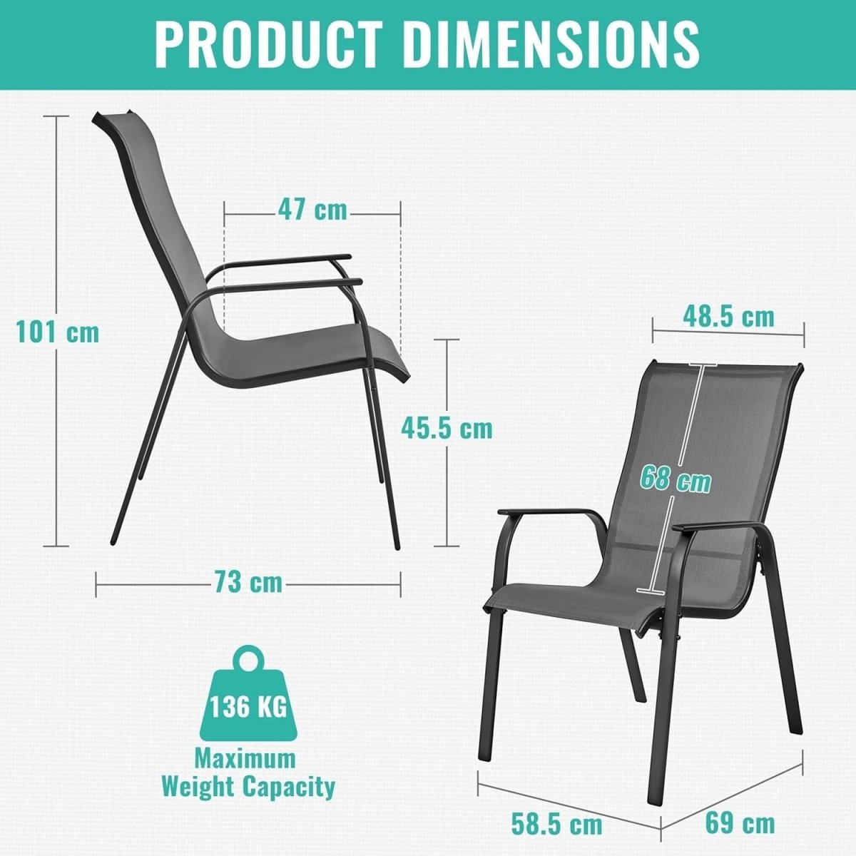 Outdoor Garden Chairs Set of 2 Stackable Texteline Armchairs Patio Dining - Kwikley