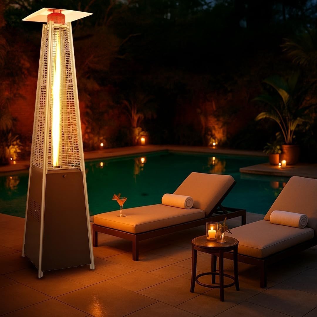 Outdoor Gas Patio Heater Pyramid Flame 13kW Propane Burner w/ Cover & Wheels - Kwikley