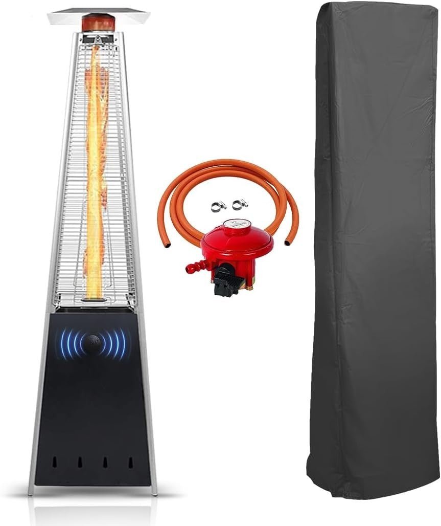Outdoor Gas Patio Heater Pyramid Flame 13kW Propane Burner w/ Cover & Wheels - Kwikley