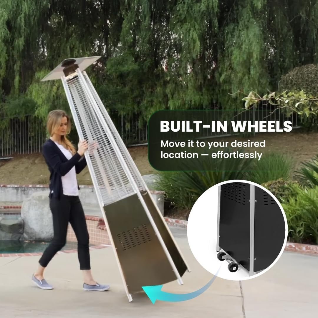Outdoor Gas Patio Heater Pyramid Flame 13kW Propane Burner w/ Cover & Wheels - Kwikley