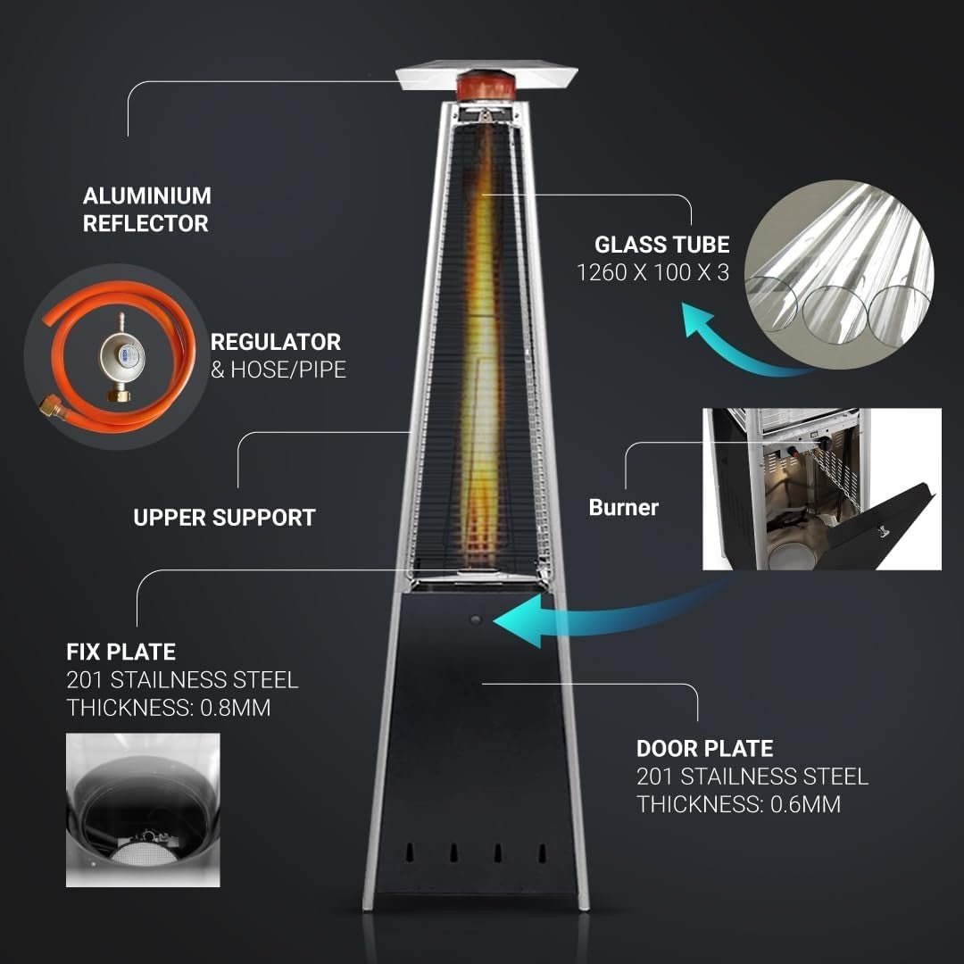 Outdoor Gas Patio Heater Pyramid Flame 13kW Propane Burner w/ Cover & Wheels - Kwikley