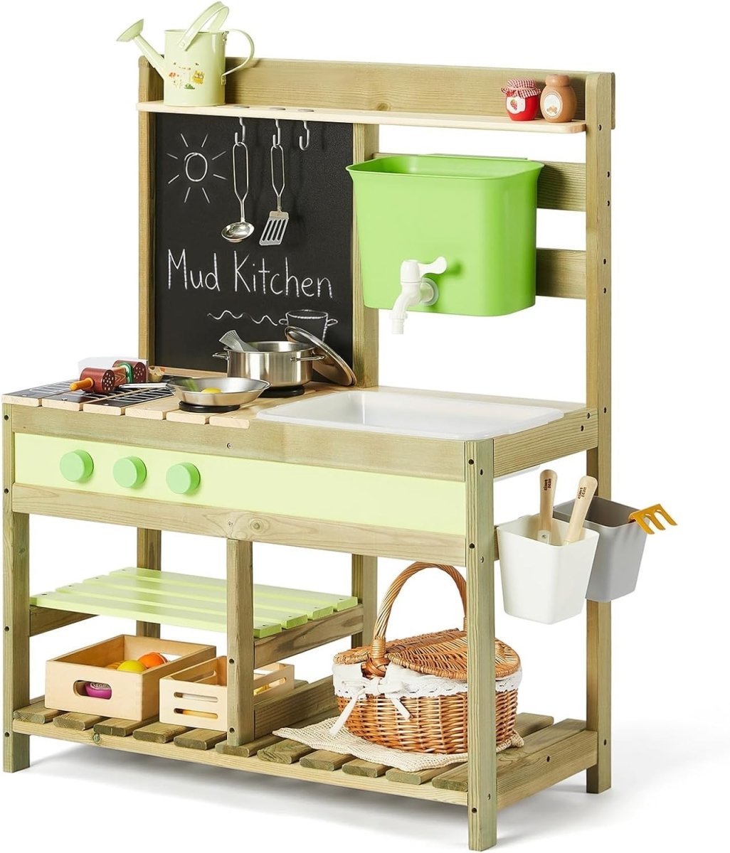 Outdoor Mud Kitchen for Kids Wooden Playset w/ Water Tank BBQ - Kwikley