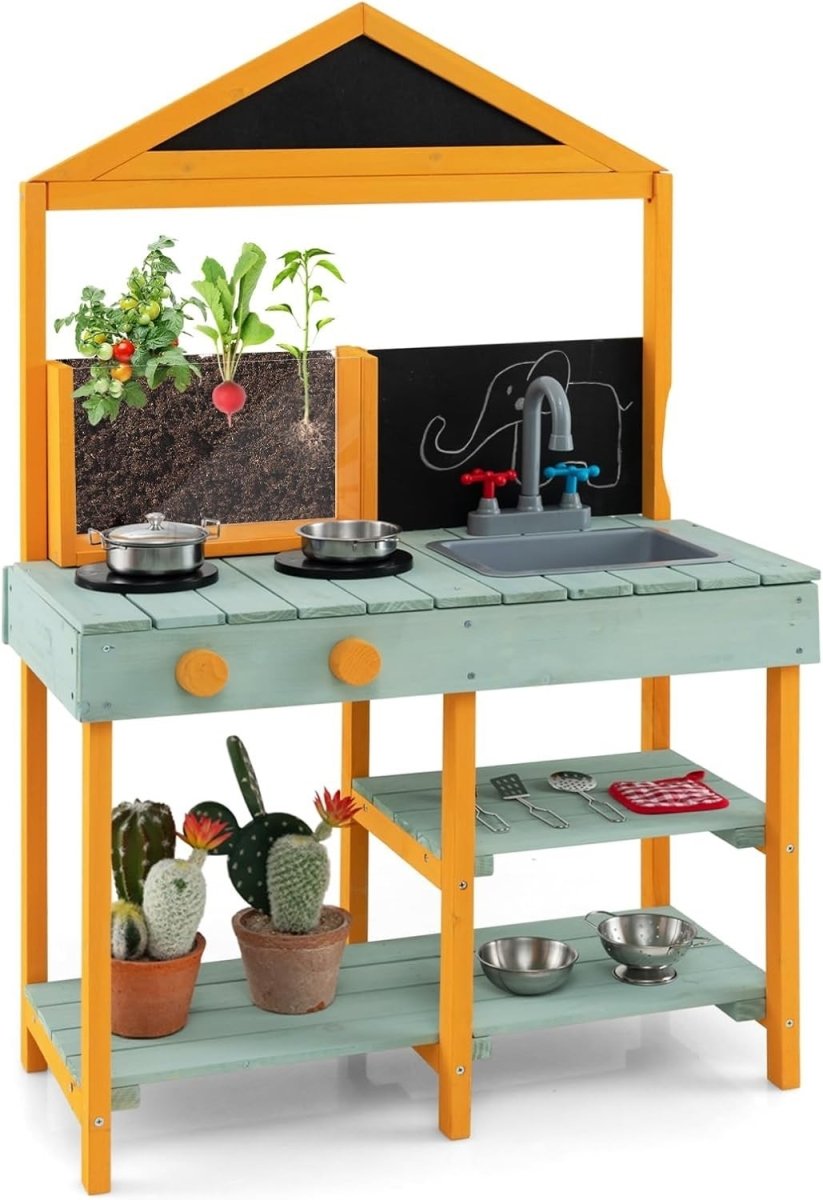 Outdoor Mud Kitchen Kids Playset w/ Planter Sink Chalkboard Set - Kwikley