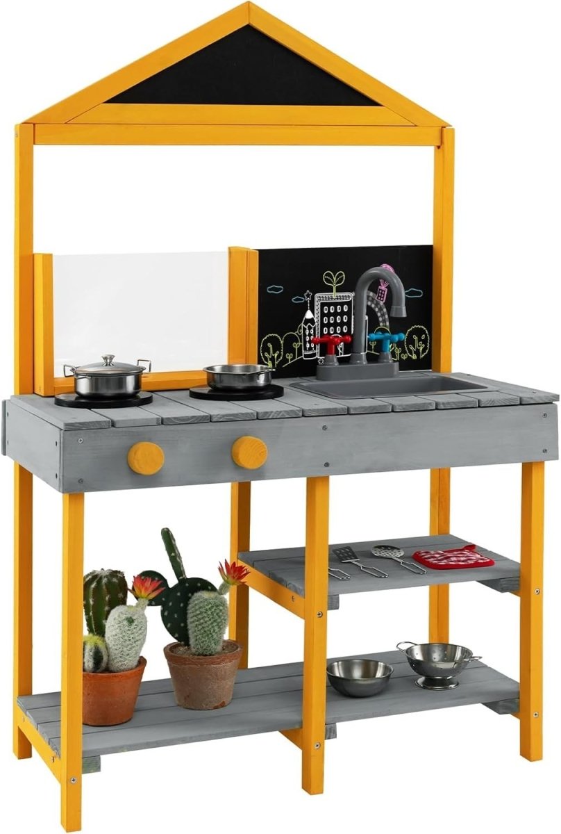 Outdoor Mud Kitchen Kids Playset w/ Planter Sink Chalkboard Toy - Kwikley