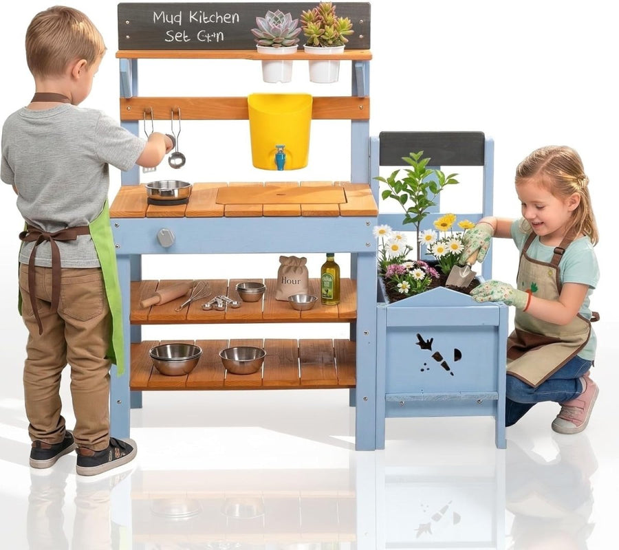 Outdoor Mud Kitchen Wooden Kids Playset Sink Stove Garden Toy Set - Kwikley