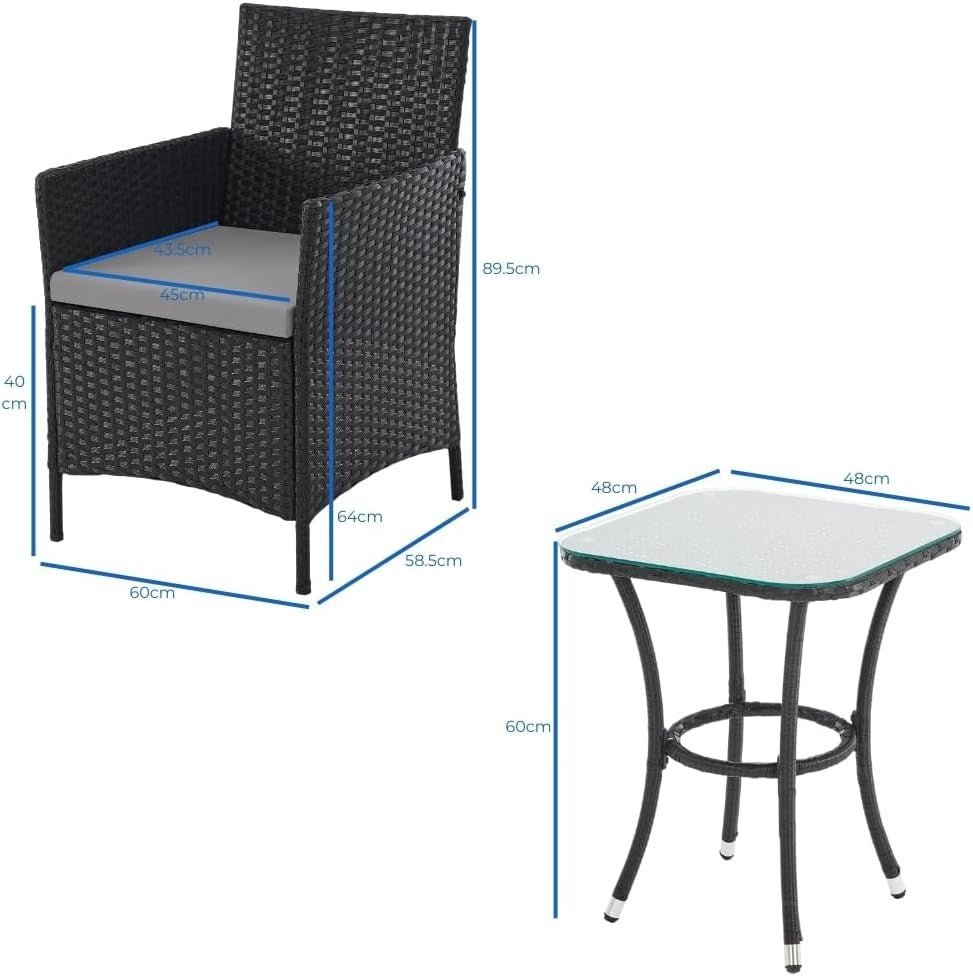 Outdoor Rattan Bistro Set 3 Piece Patio Chairs Glass Table Balcony Garden - Kwikley