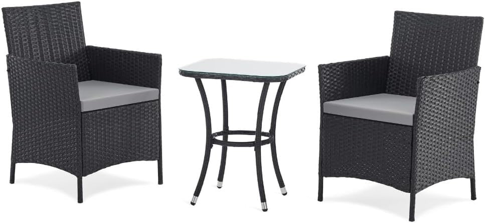 Outdoor Rattan Bistro Set 3 Piece Patio Chairs Glass Table Balcony Garden - Kwikley