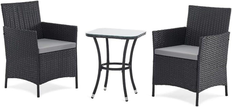 Outdoor Rattan Bistro Set 3 Piece Patio Chairs Glass Table Balcony Garden - Kwikley