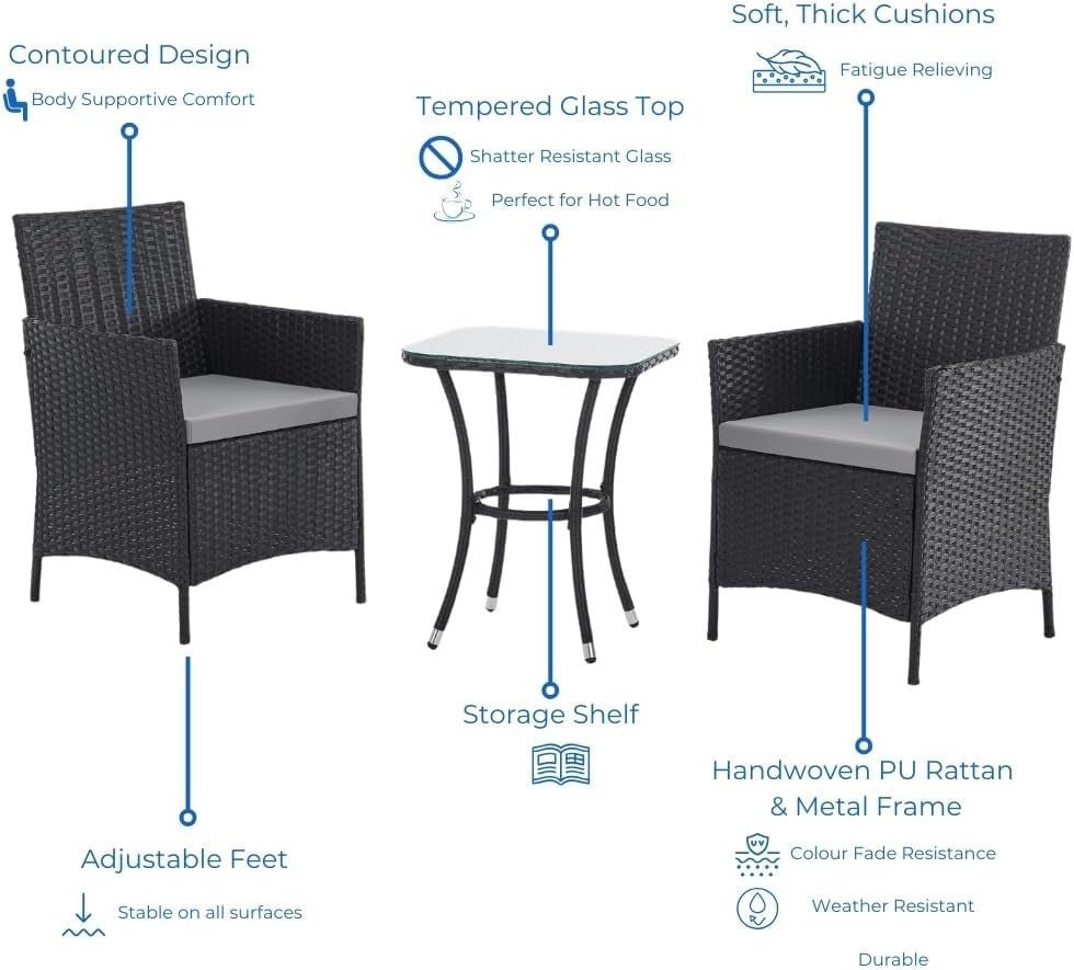 Outdoor Rattan Bistro Set 3 Piece Patio Chairs Glass Table Balcony Garden - Kwikley