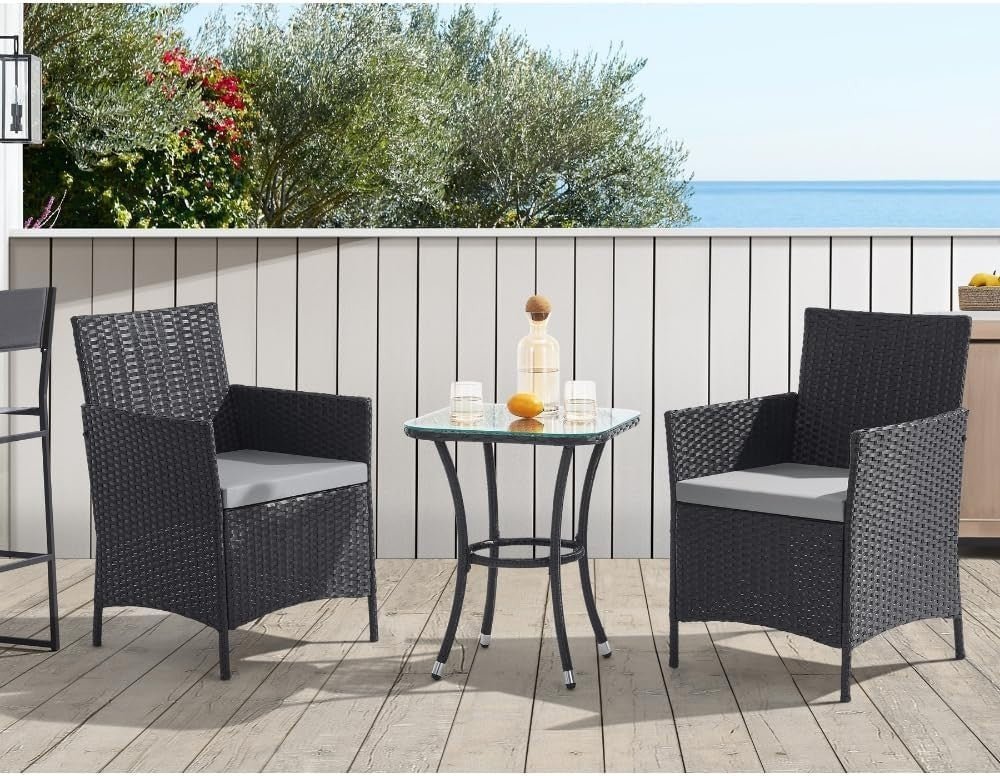 Outdoor Rattan Bistro Set 3 Piece Patio Chairs Glass Table Balcony Garden - Kwikley