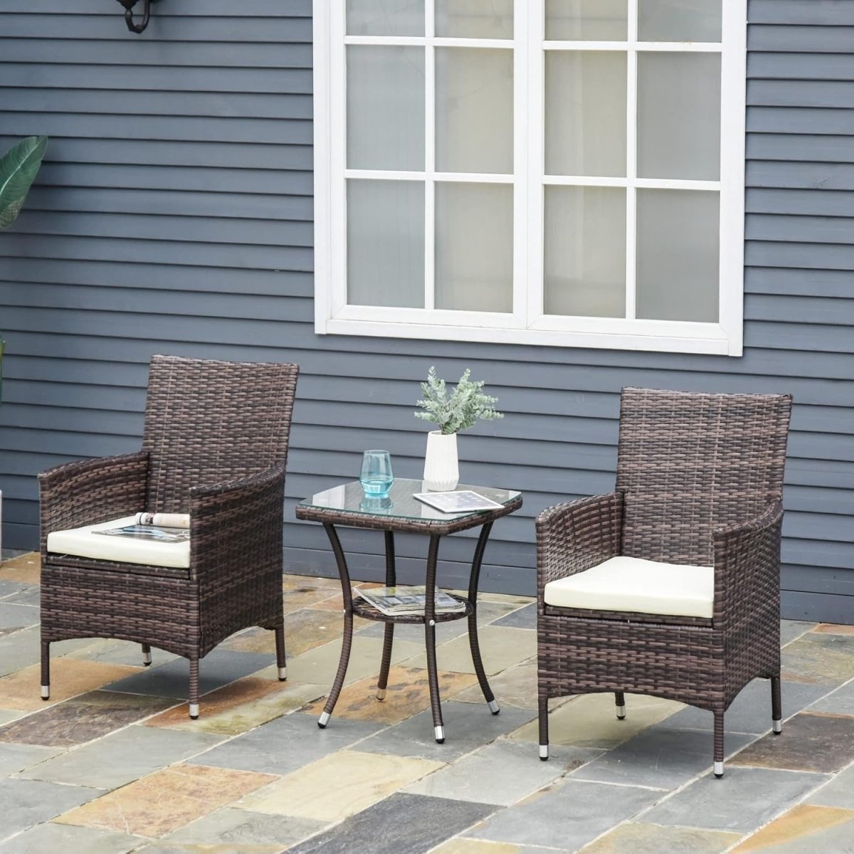 Outdoor Rattan Dining Chairs Set of 2 with Cushions High Back Patio Armchairs - Kwikley