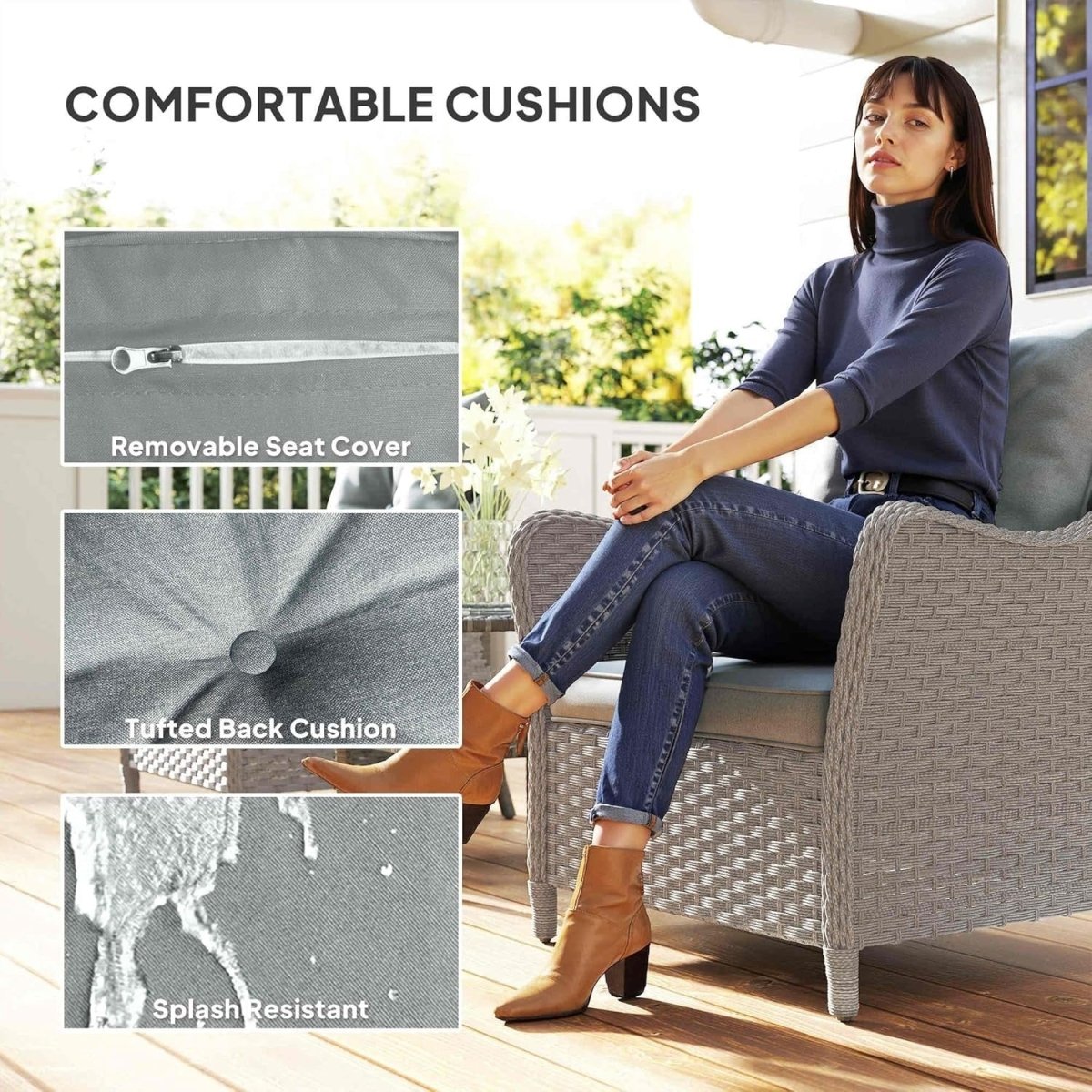 Outdoor Rattan Garden Chairs Set of 2 with Cushions Patio Balcony Armchairs - Kwikley