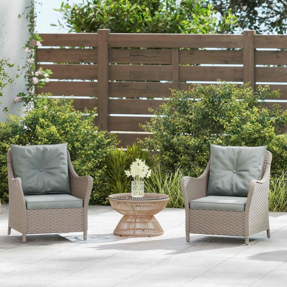 Outdoor Rattan Garden Chairs Set of 2 with Cushions Patio Balcony Armchairs - Kwikley