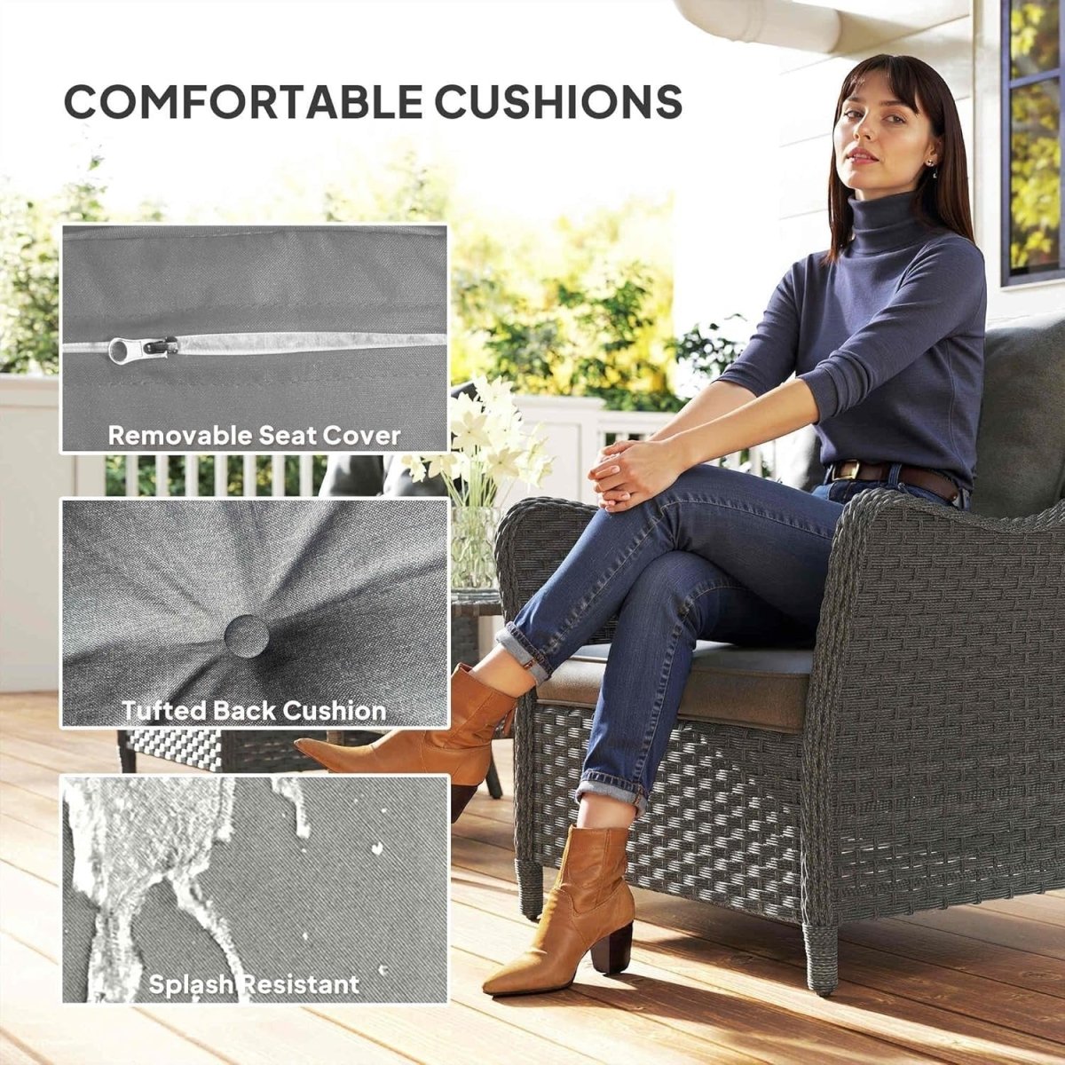Outdoor Rattan Garden Chairs Set of 2 with Cushions Patio Balcony Seating - Kwikley