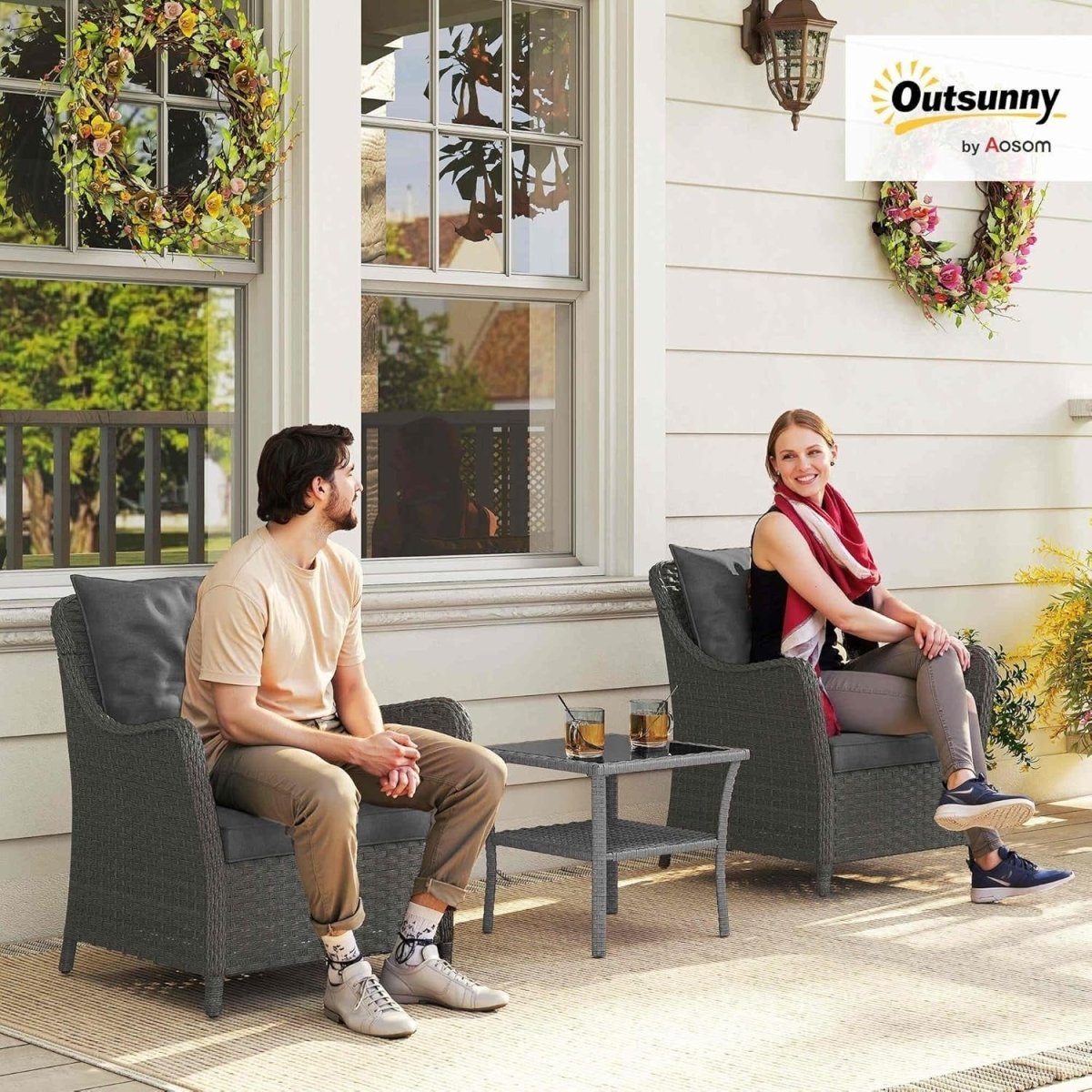 Outdoor Rattan Garden Chairs Set of 2 with Cushions Patio Balcony Seating - Kwikley