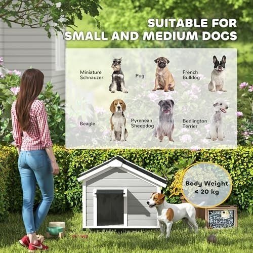 Outdoor Wooden Dog Kennel with Roof, Raised Base & Door Curtain, Grey - Kwikley