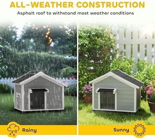 Outdoor Wooden Dog Kennel with Roof, Raised Base & Door Curtain, Grey - Kwikley