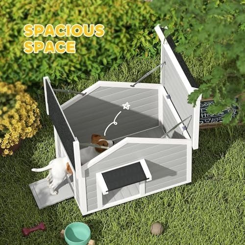 Outdoor Wooden Dog Kennel with Roof, Raised Base & Door Curtain, Grey - Kwikley