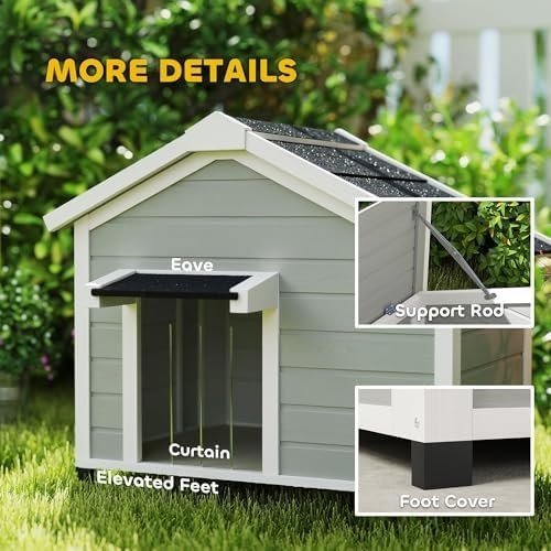 Outdoor Wooden Dog Kennel with Roof, Raised Base & Door Curtain, Grey - Kwikley