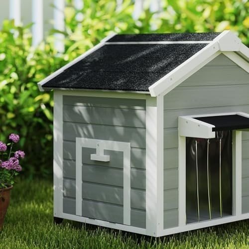 Outdoor Wooden Dog Kennel with Roof, Raised Base & Door Curtain, Grey - Kwikley