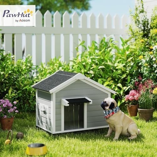 Outdoor Wooden Dog Kennel with Roof, Raised Base & Door Curtain, Grey - Kwikley
