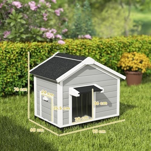 Outdoor Wooden Dog Kennel with Roof, Raised Base & Door Curtain, Grey - Kwikley