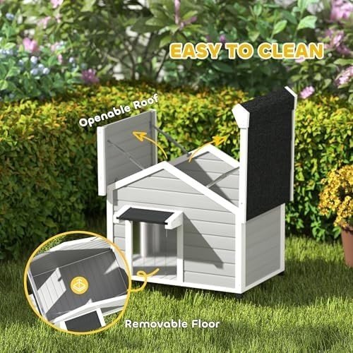 Outdoor Wooden Dog Kennel with Roof, Raised Base & Door Curtain, Grey - Kwikley