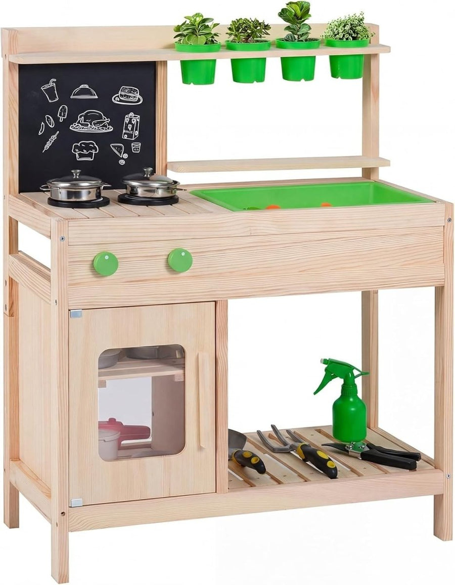 Outdoor Wooden Mud Kitchen Kids Playset Chalkboard Sink Flowerpots - Kwikley