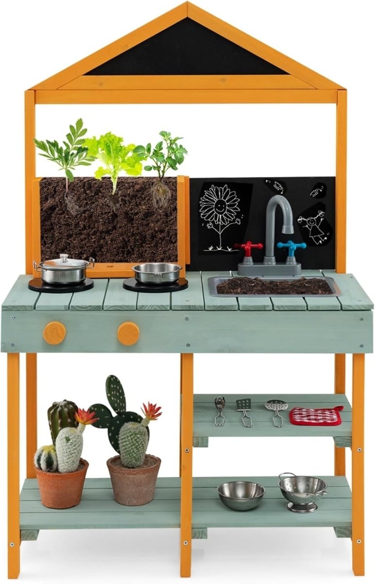 Outdoor Wooden Mud Kitchen Kids Playset Sink Chalkboard Planter Set - Kwikley